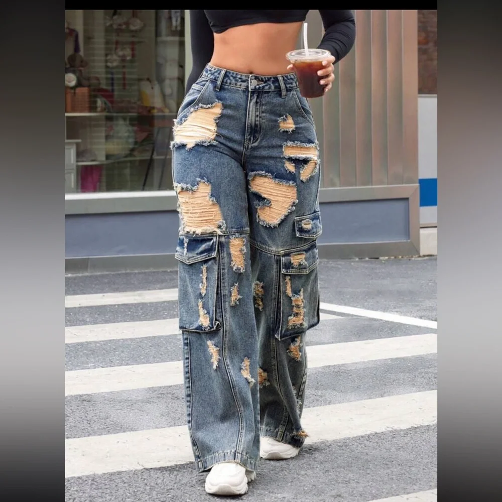 Distressed jeans Blue Cargo Jeans pants denim pockets ripped mineral wash - Picture 2 of 5